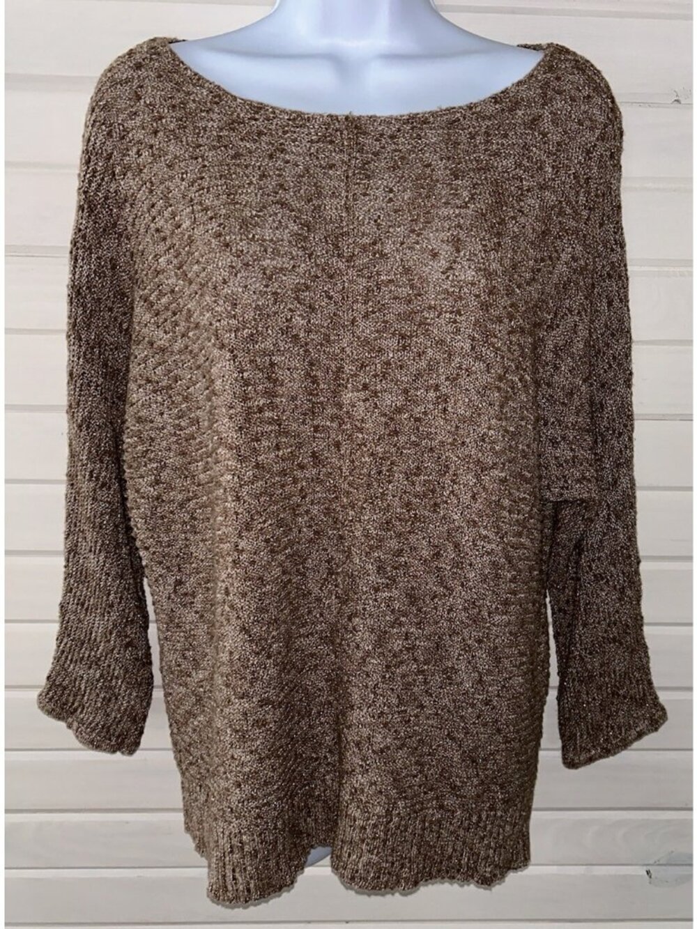 Chicos Sz 2 (LARGE) Marian Marled Pullover Sweater Khaki Brown Boatneck EUC